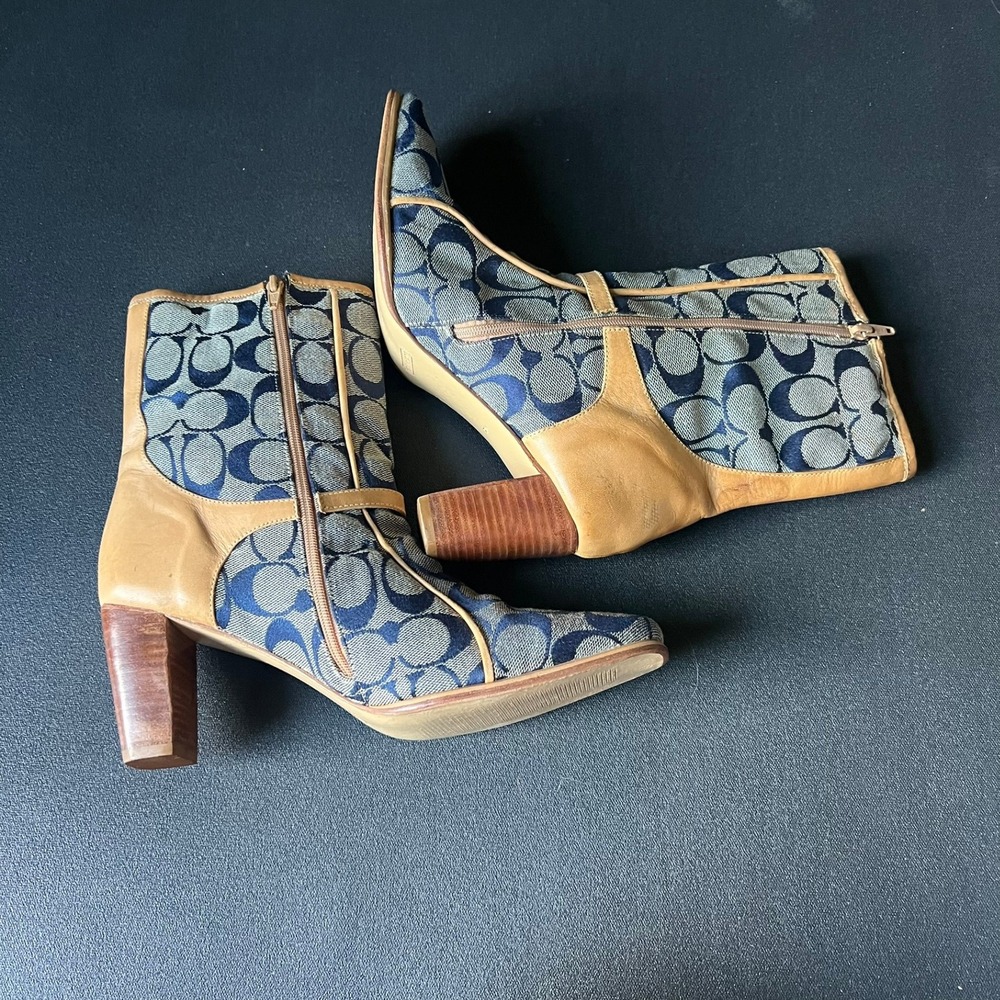 Vtg Coach Blue Signature Monogram Canvas Tan Leather Square Toe Boots 8.5 Y2k - Picture 8 of 13